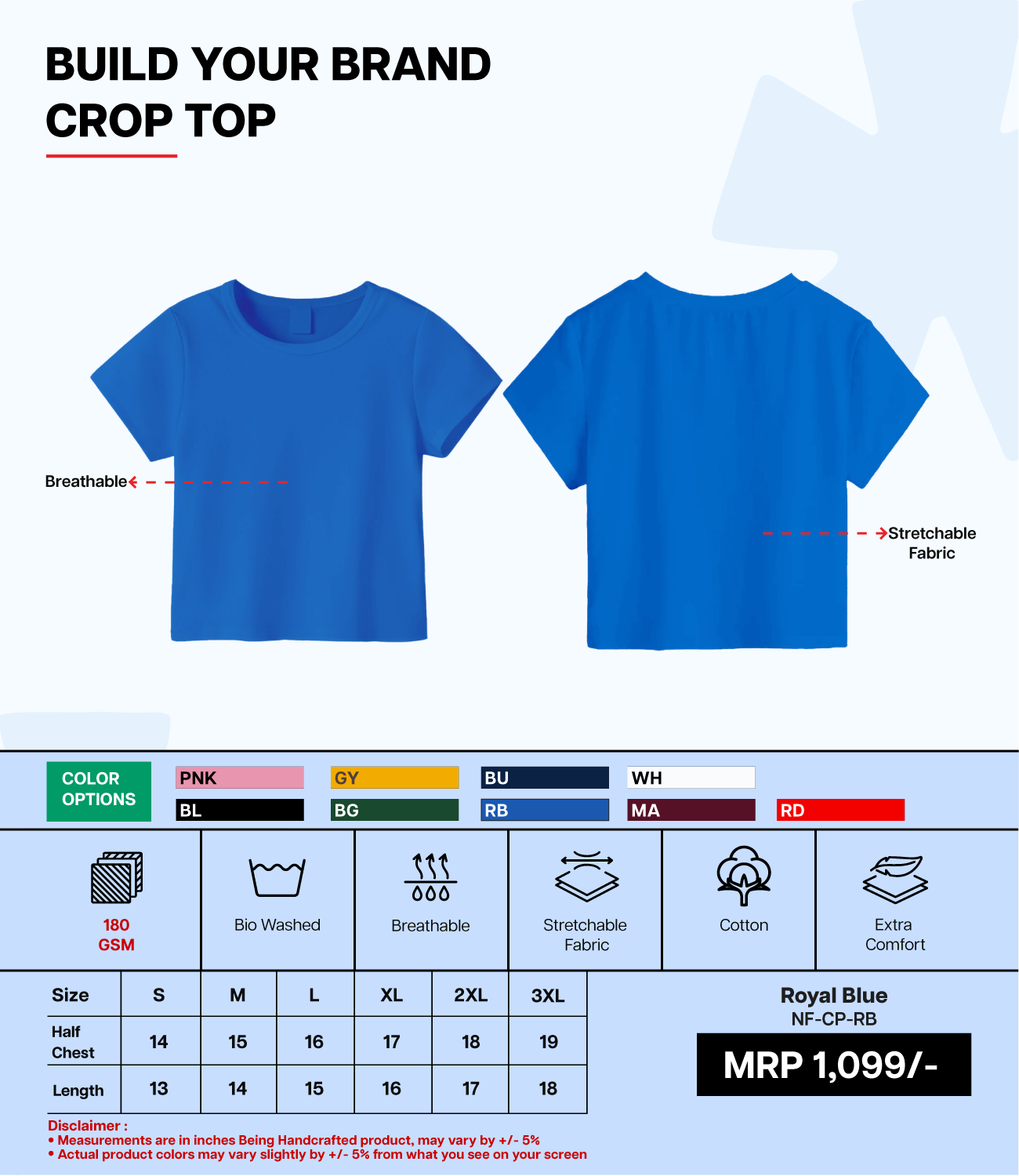 Breathable Cotton Bio-Washed 180 GSM RB Crop Top for Women