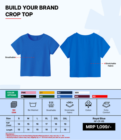 Breathable Cotton Bio-Washed 180 GSM RB Crop Top for Women