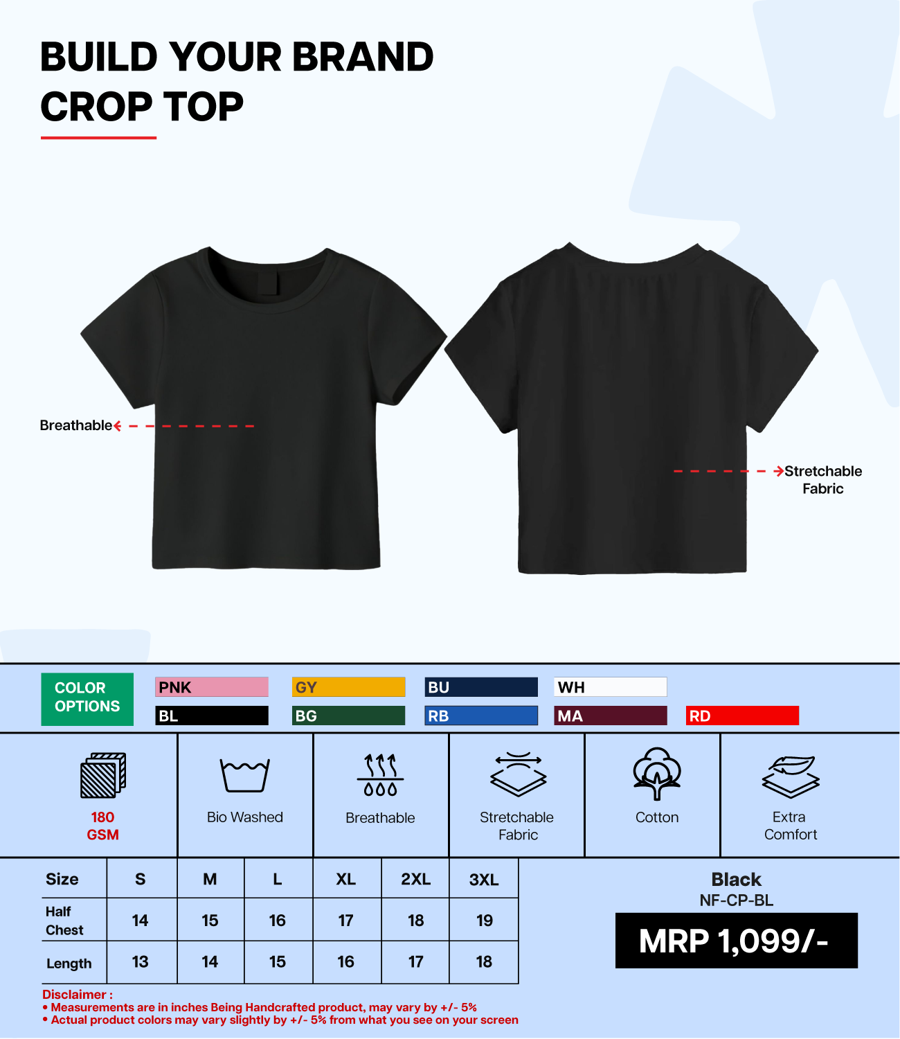 Breathable Cotton Bio-Washed 180 GSM BL Crop Top for Women