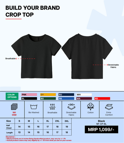 Breathable Cotton Bio-Washed 180 GSM BL Crop Top for Women