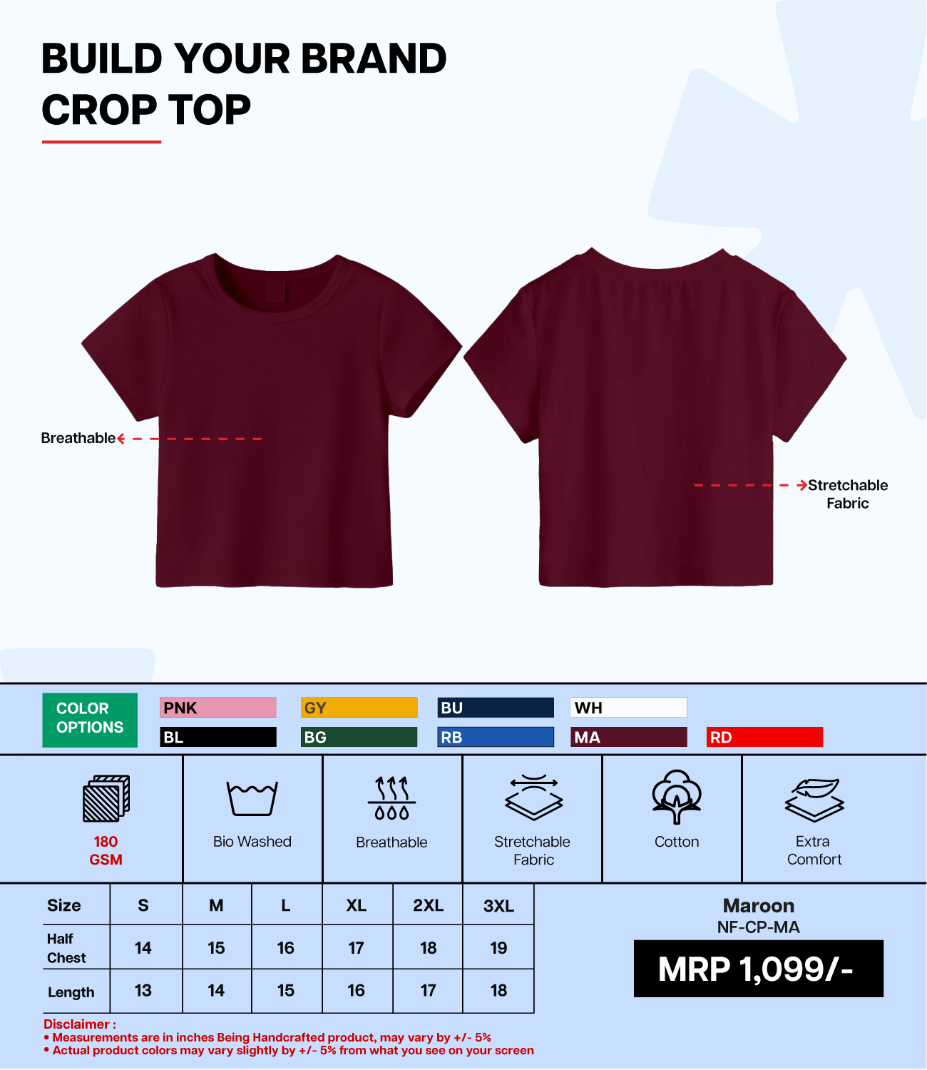 Breathable Cotton Bio-Washed 180 GSM MA Crop Top for Women