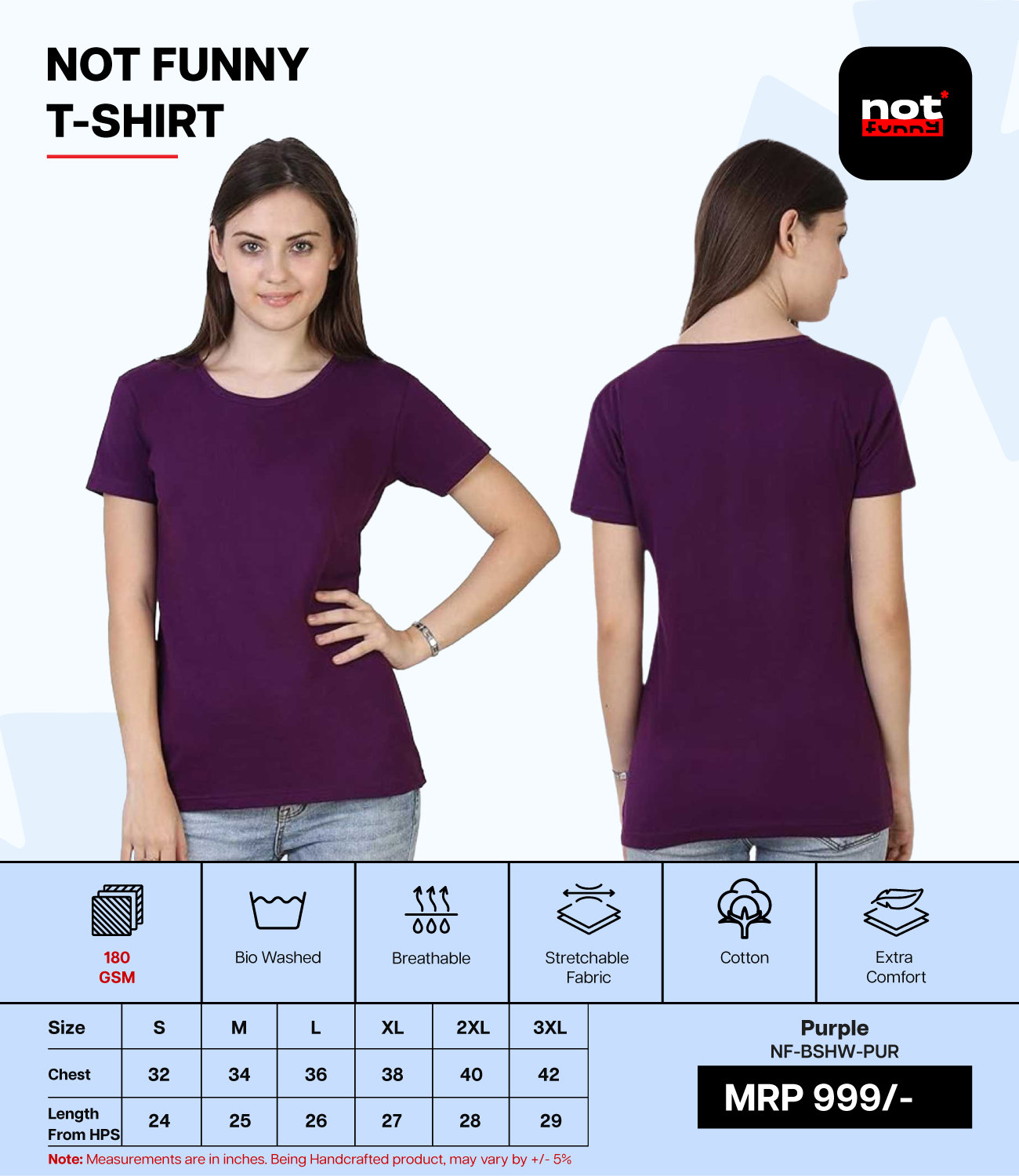 Biowash Women’s PUR T-Shirt – Soft, Stretchable & Breathable Cotton