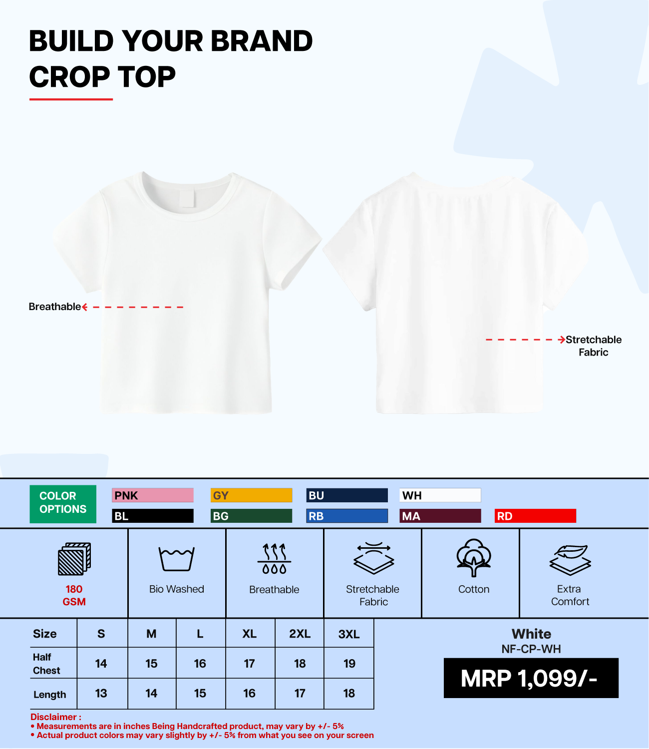 Breathable Cotton Bio-Washed 180 GSM WH Crop Top for Women