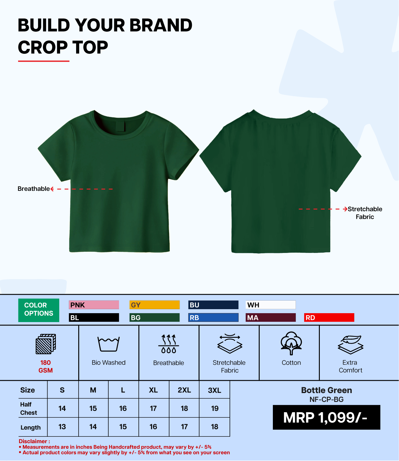 Breathable Cotton Bio-Washed 180 GSM BG Crop Top for Women