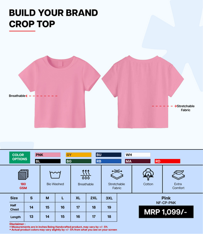 Breathable Cotton Bio-Washed 180 GSM PNK Crop Top for Women