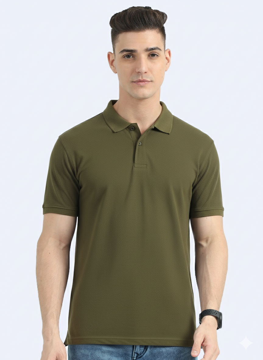 Men’s Casual Jacquard Collar Polo Bottle Green