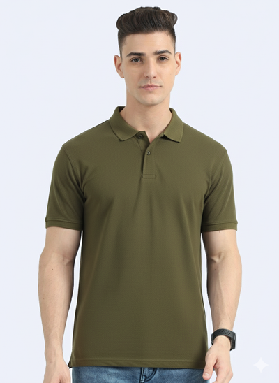 Men’s Casual Jacquard Collar Polo Bottle Green